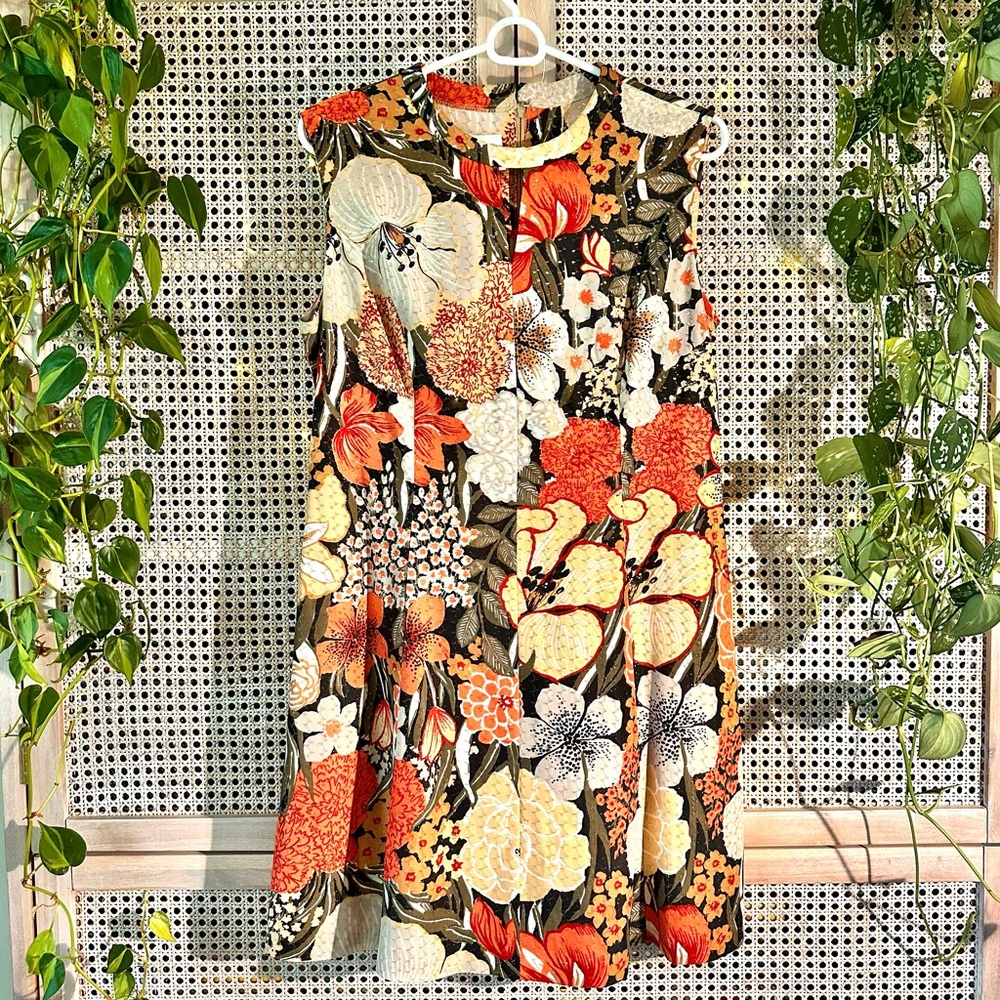 Vintage Designer Dress - Orange/Gold Floral - Size Small/Medium